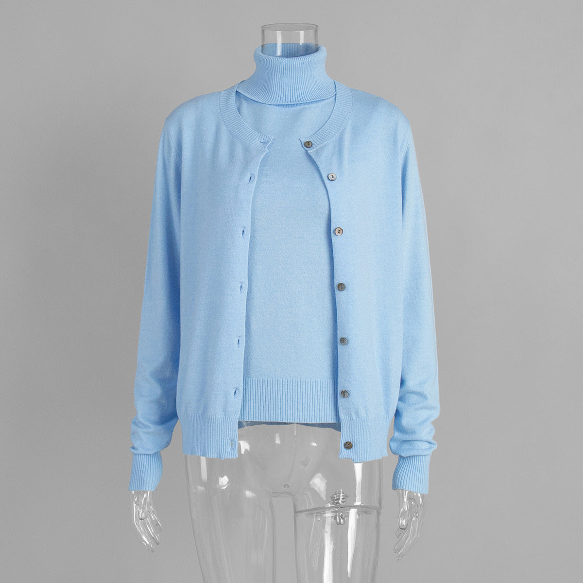 Sleeveless Turtleneck Knit Top & Cardigan Twin Set in Sky Blue (Set (Top + Cardigan)) — front view