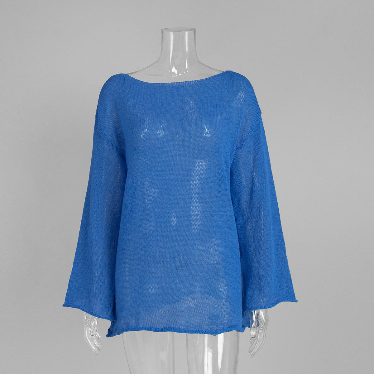 Sheer Open-Knit Bell Sleeve Sweater in Royal Blue — front view on mannequin