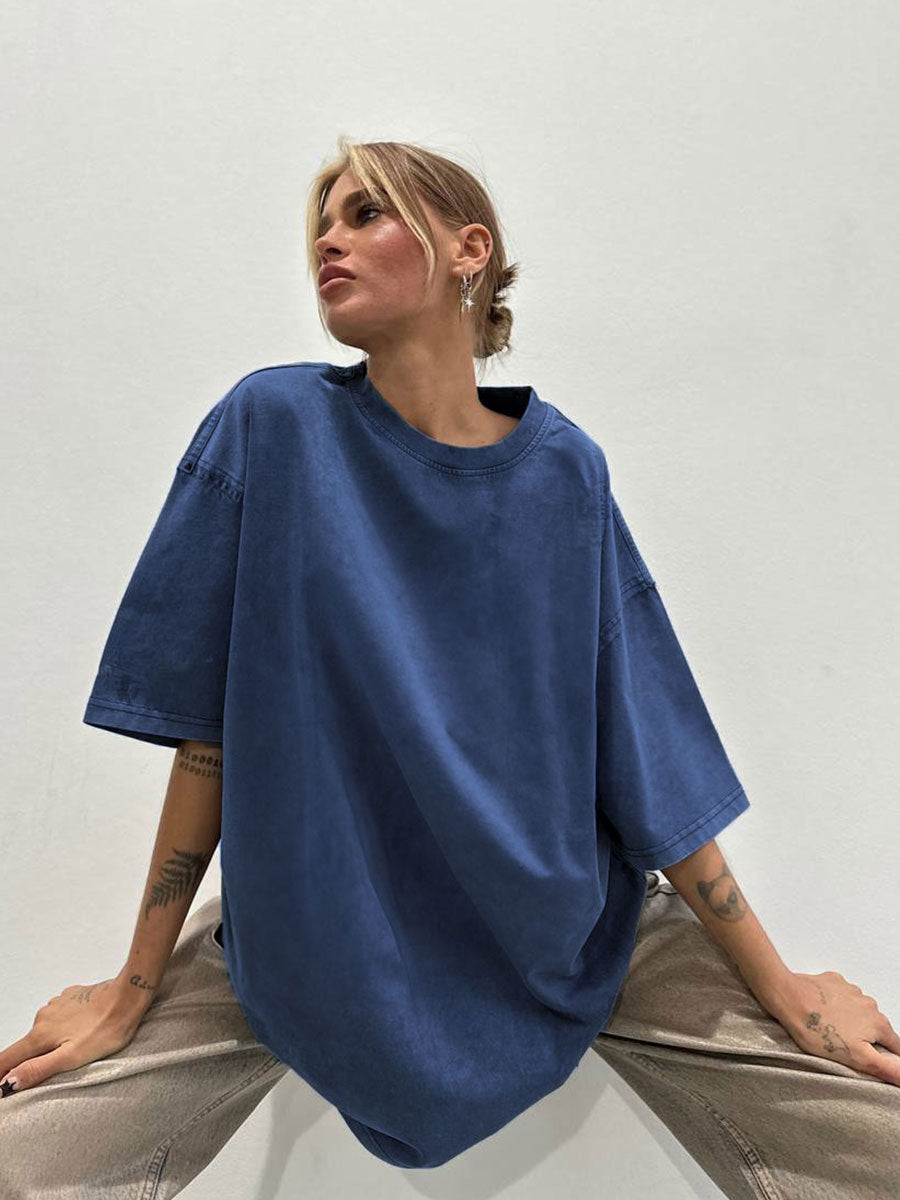 Oversized Washed Cotton Crewneck Tee in Washed Blue — on model, studio
