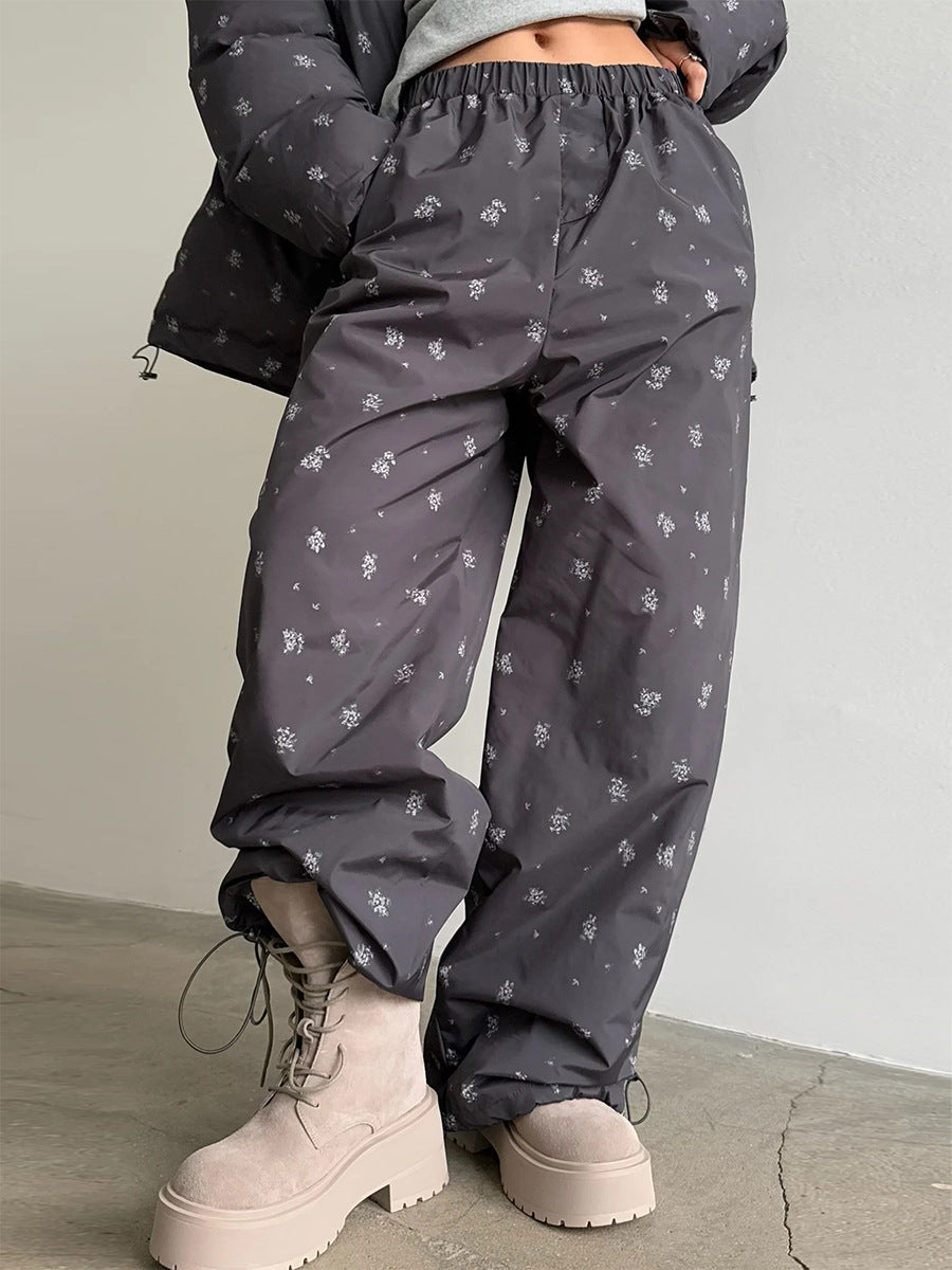 Floral Print Hooded Puffer Jacket & Drawstring Puffer Pants in Black Floral — pants with elastic waist and drawstring ankles