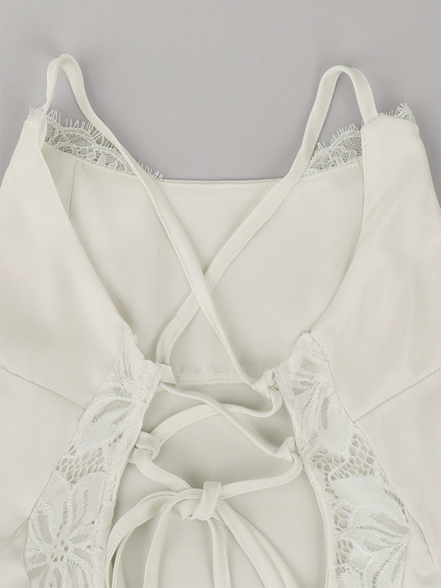 Satin Lace-Trim Mini Slip Dress with Tie Back in Ivory — close-up of the back ties and lace panel