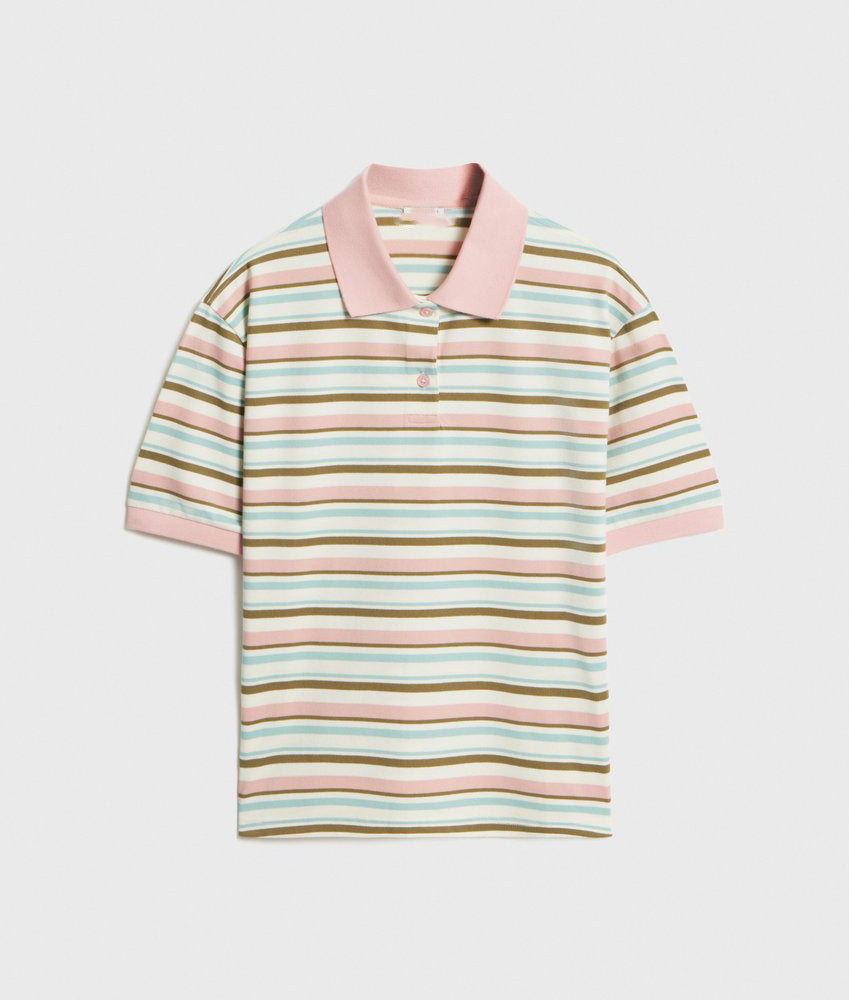 Contrast Stripe Cotton Polo Shirt in Pink Stripe — front view of garment
