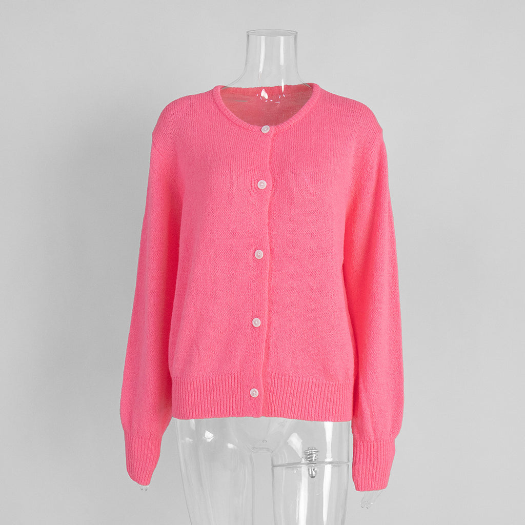 Soft Fuzzy Crew Neck Button Cardigan in Hot Pink — front view