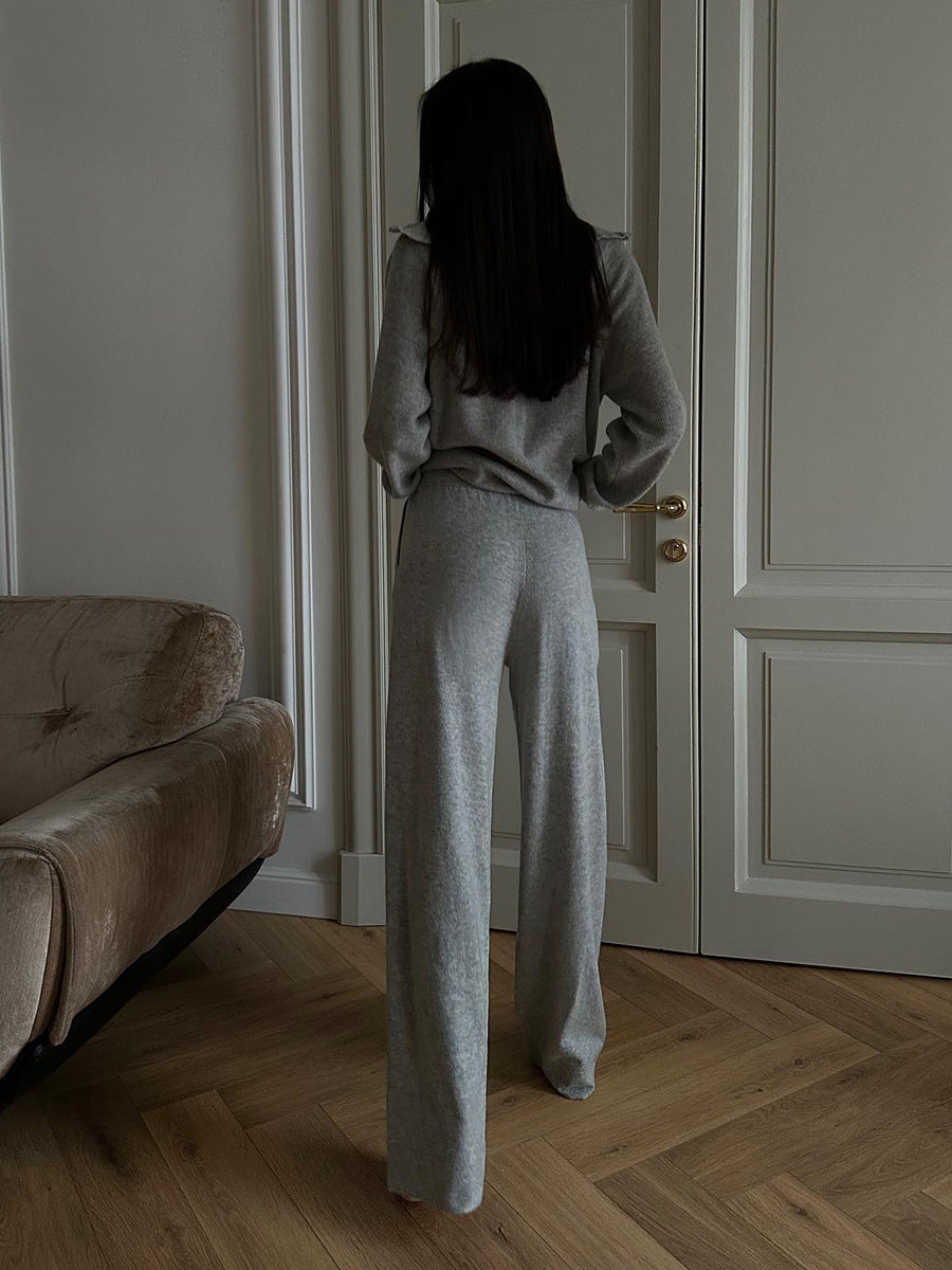 Wide-Collar Zip-Up Knit Cardigan & Wide-Leg Pants Set in Heather Gray — back view on model