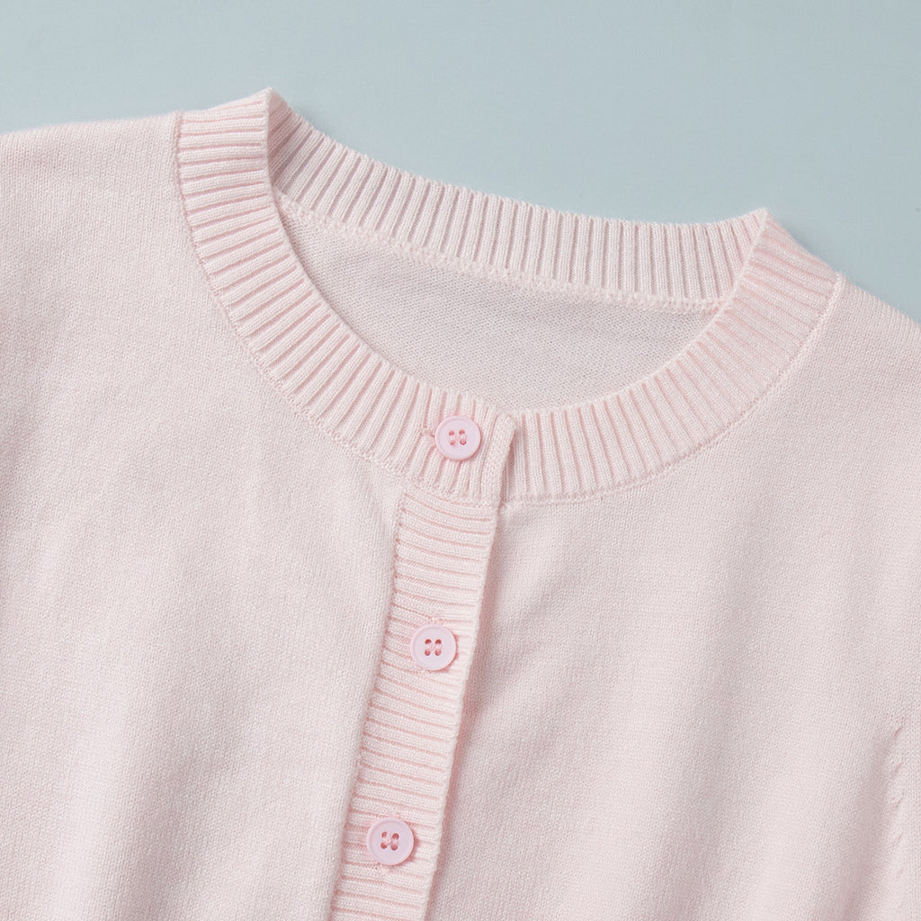 Fitted Cropped Ribbed Knit Cardigan in Blush Pink — close-up of crew neckline and rib knit
