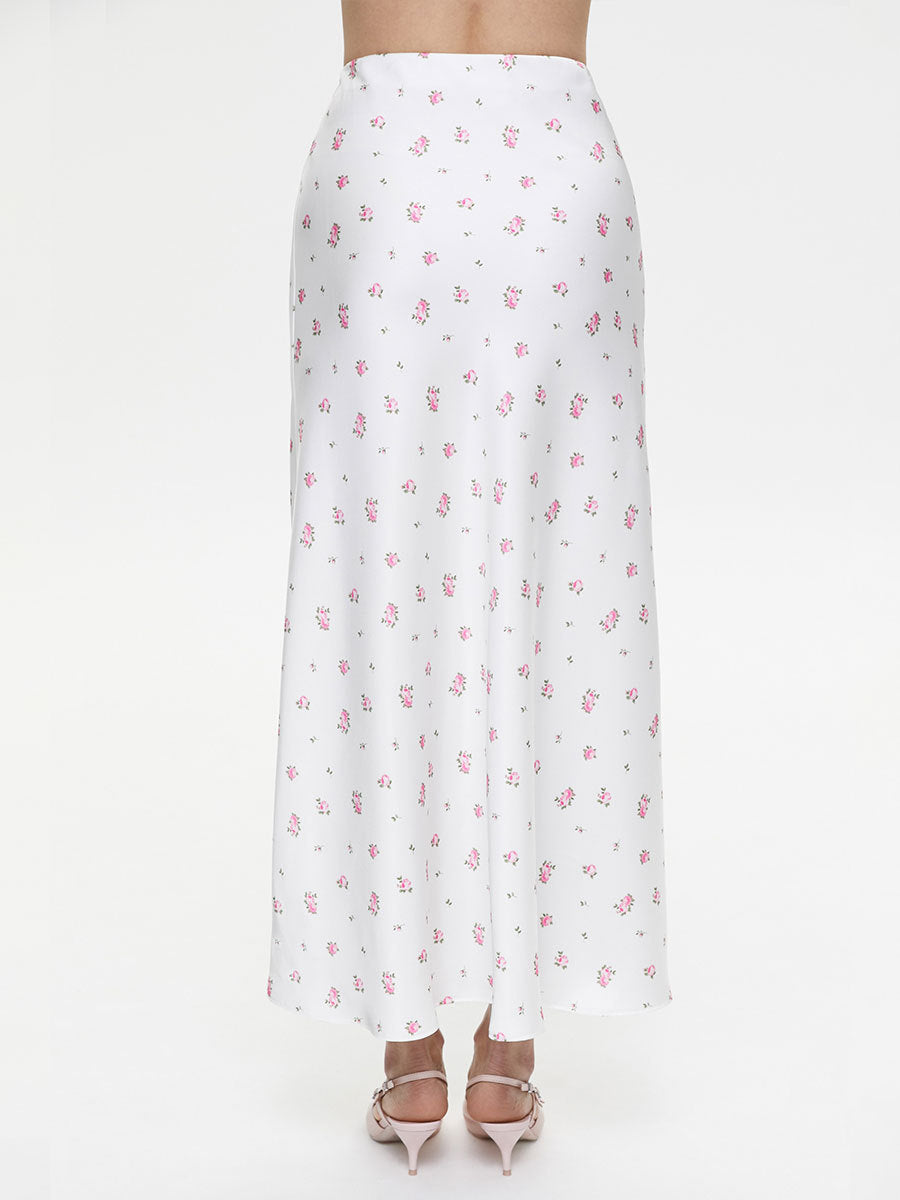 Floral Satin Maxi Skirt in White Floral — side view on model