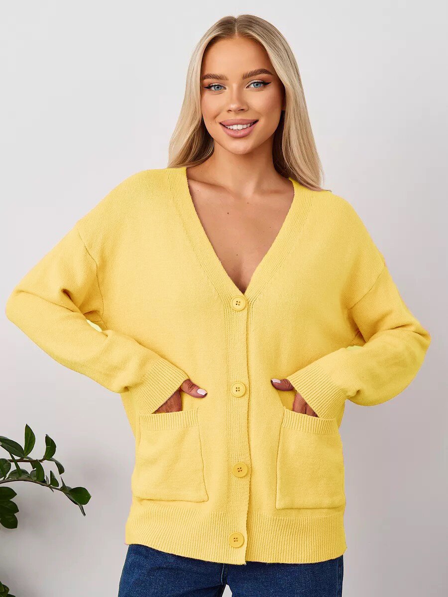 V-Neck Button Cardigan with Patch Pockets in Lemon — front view on model with jeans