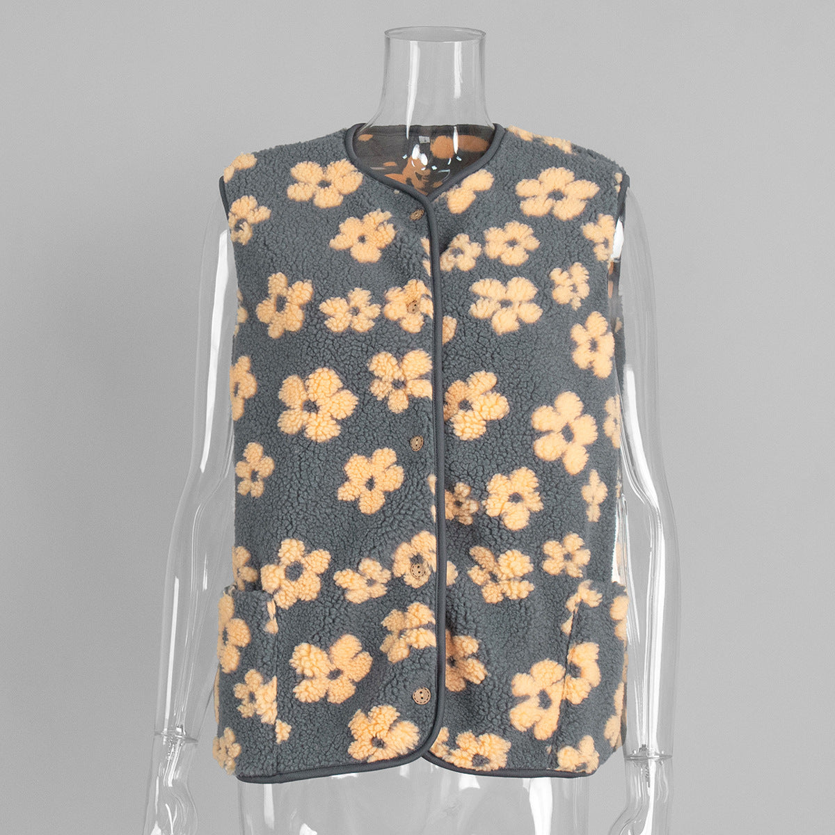 Floral Sherpa Fleece Button Vest with Pockets in Charcoal & Apricot Floral — vest front view