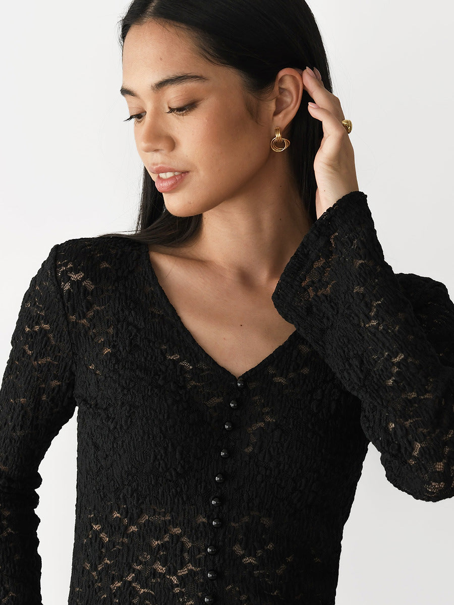 Floral Lace V-Neck Button-Front Top in Black — three-quarter front view on model