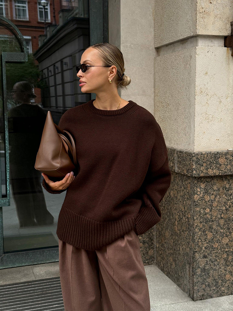 Slouchy Oversized Crew Neck Sweater in Chocolate Brown — on model with a tan bag