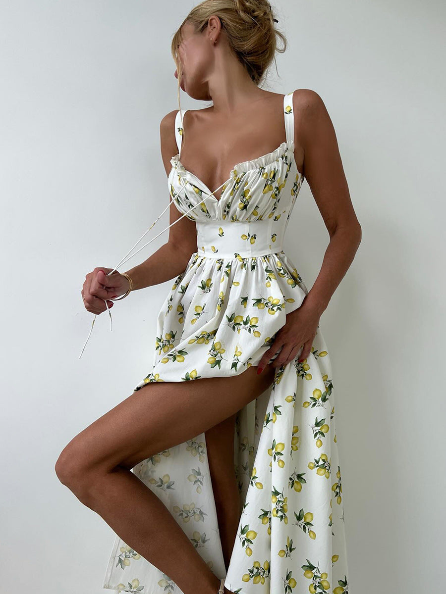 Printed Tie-Strap Maxi Dress with Side Slit in Lemon Print — front view, studio