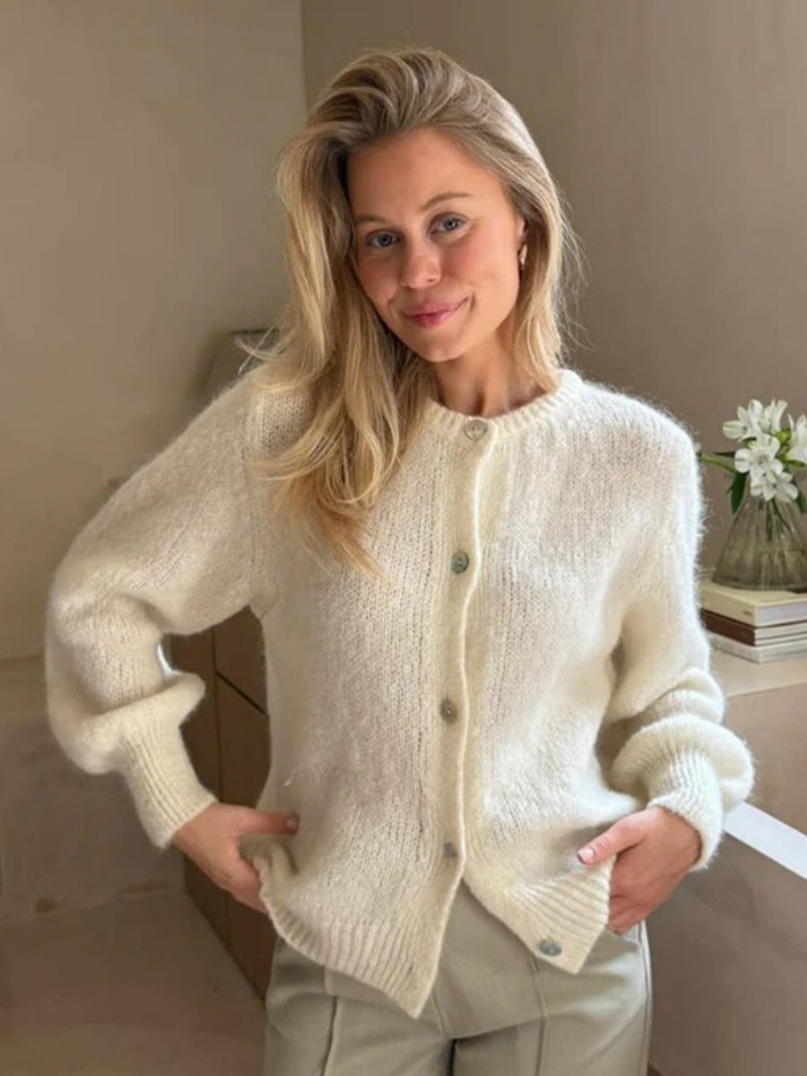 Soft Fuzzy Crew Neck Button Cardigan in Cream — front view on model