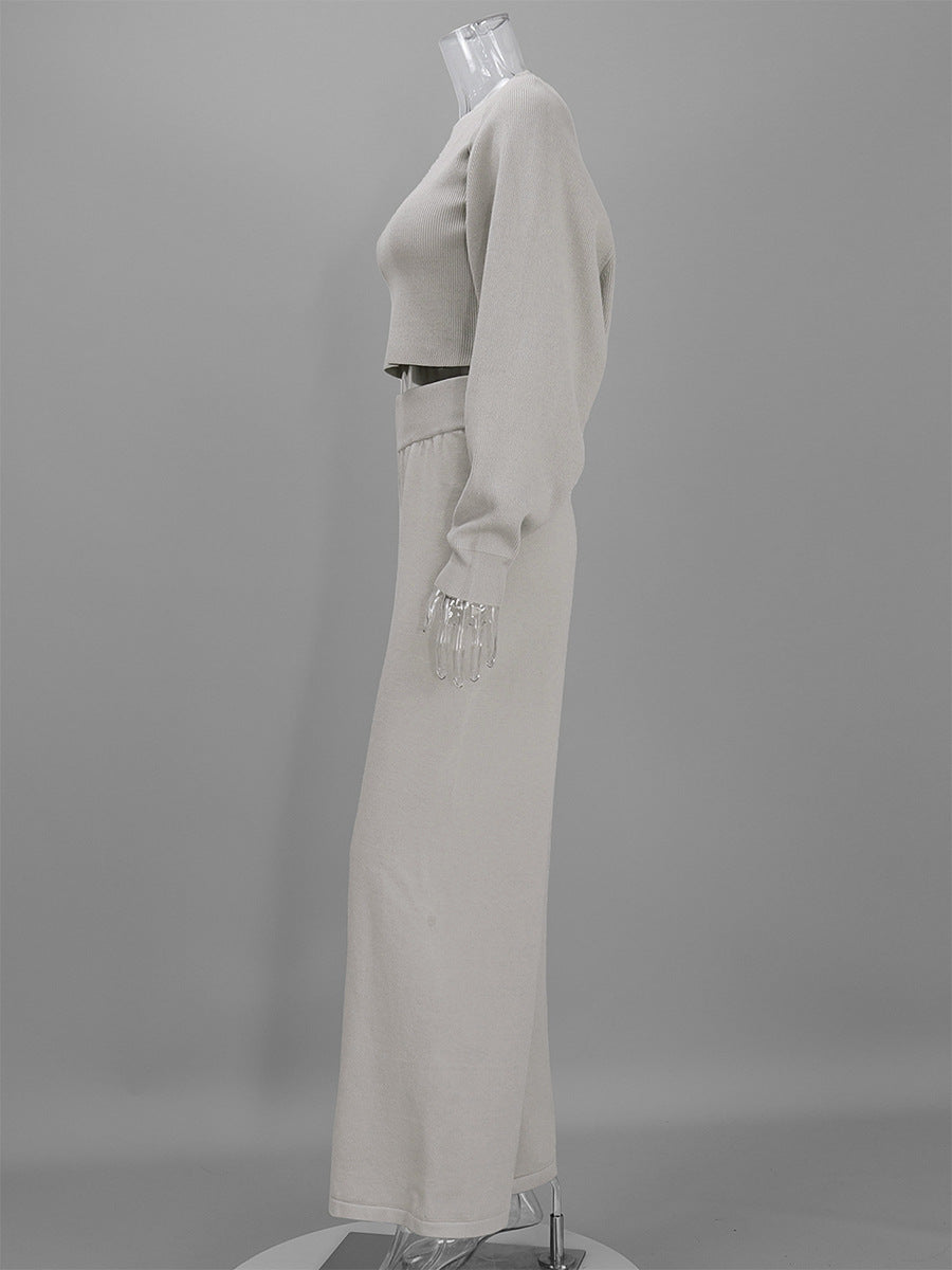 Three-Piece Knit Set: Cropped Tank, Balloon-Sleeve Shrug & Wide-Leg Pants in Taupe — set side view