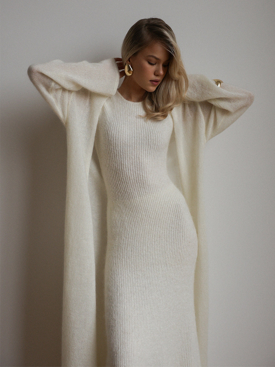 Airy Knit Long Cardigan & Sleeveless Maxi Dress Set in Ivory — cardigan held open over the dress