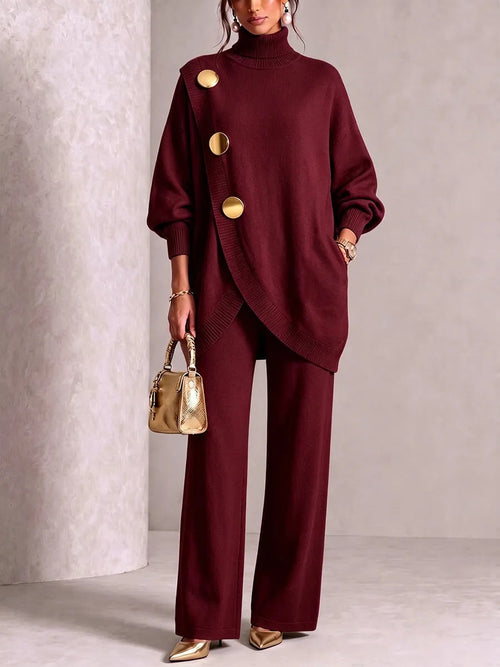 Asymmetric Turtleneck Sweater & Wide-Leg Knit Pants Set in Burgundy — full-length view on model