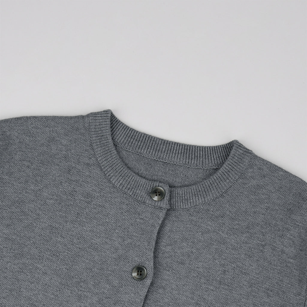 Crew Neck Button Cardigan & Straight-Leg Knit Pants Set in Heather Gray — close-up of the crew neck