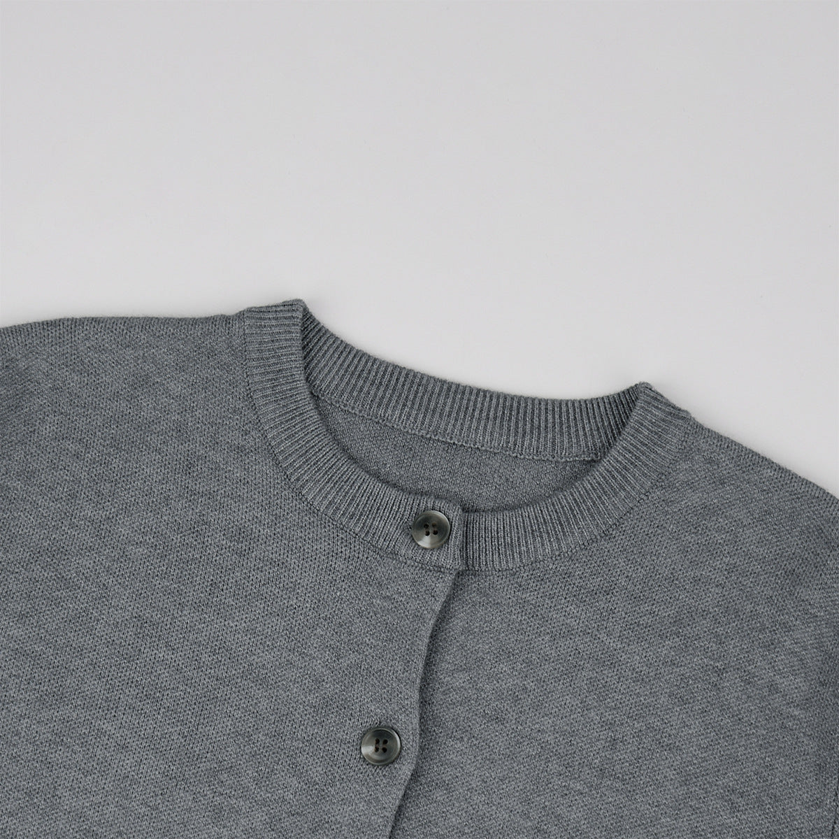 Crew Neck Button Cardigan & Straight-Leg Knit Pants Set in Heather Gray — close-up of the crew neck