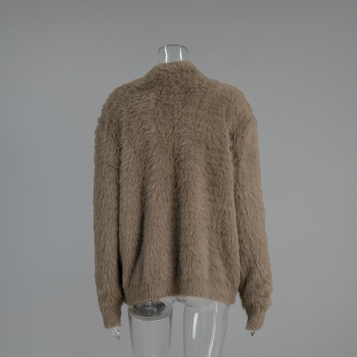 Fuzzy Knit Oversized V-Neck Cardigan in Mocha — back view on mannequin