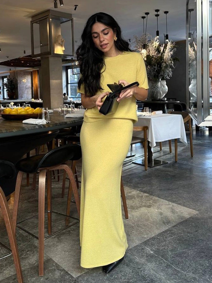 Short Sleeve Knit Top & Maxi Skirt Set in Butter Yellow — set worn on model, full length