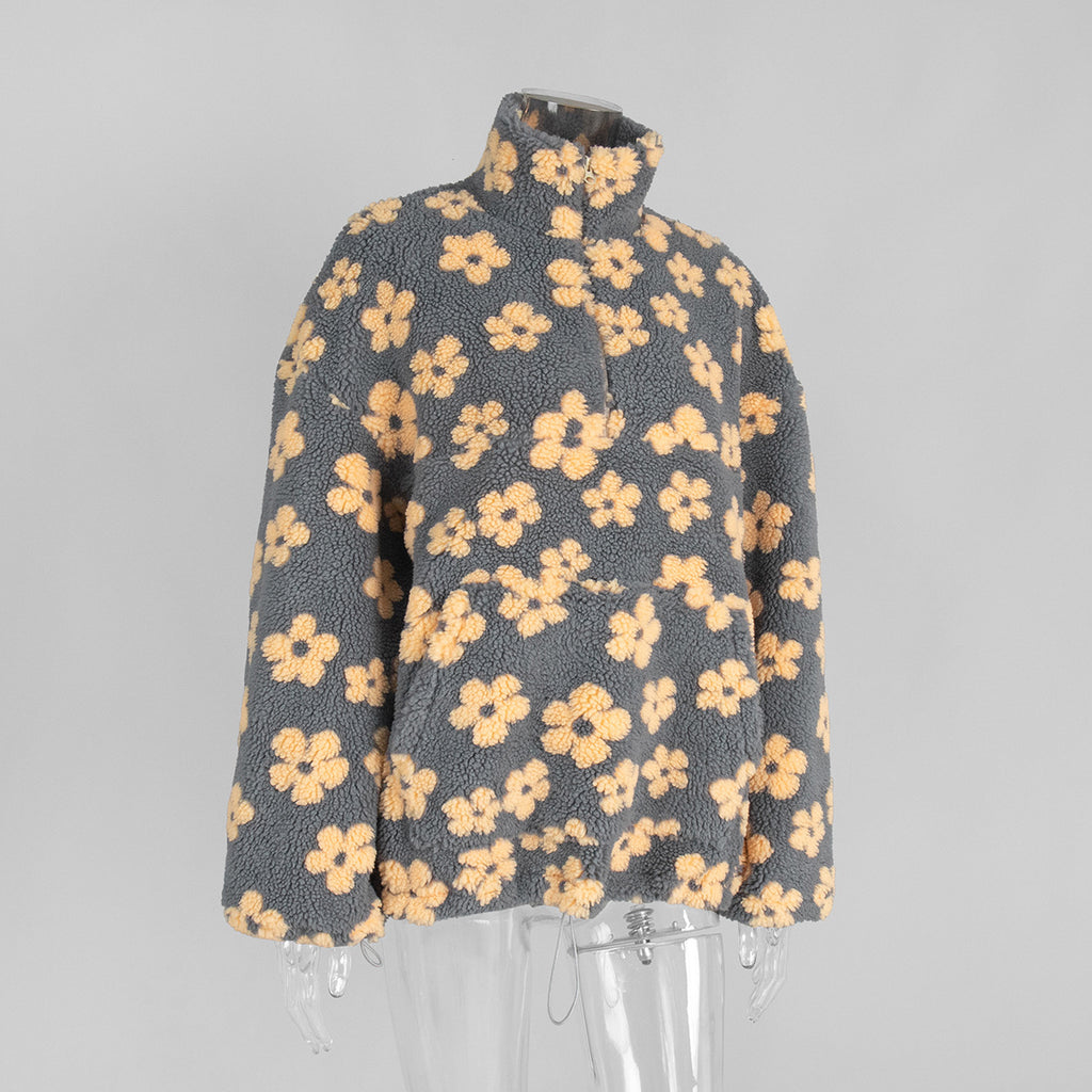 Floral Fleece Half-Zip Pullover Sweatshirt in Charcoal Peach Floral — front view on mannequin