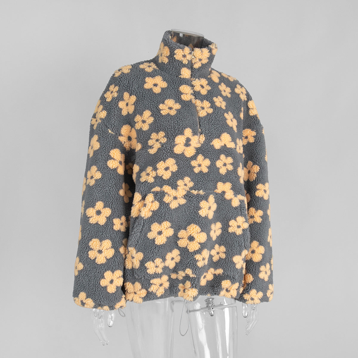 Floral Fleece Half-Zip Pullover Sweatshirt in Charcoal Peach Floral — front view on mannequin