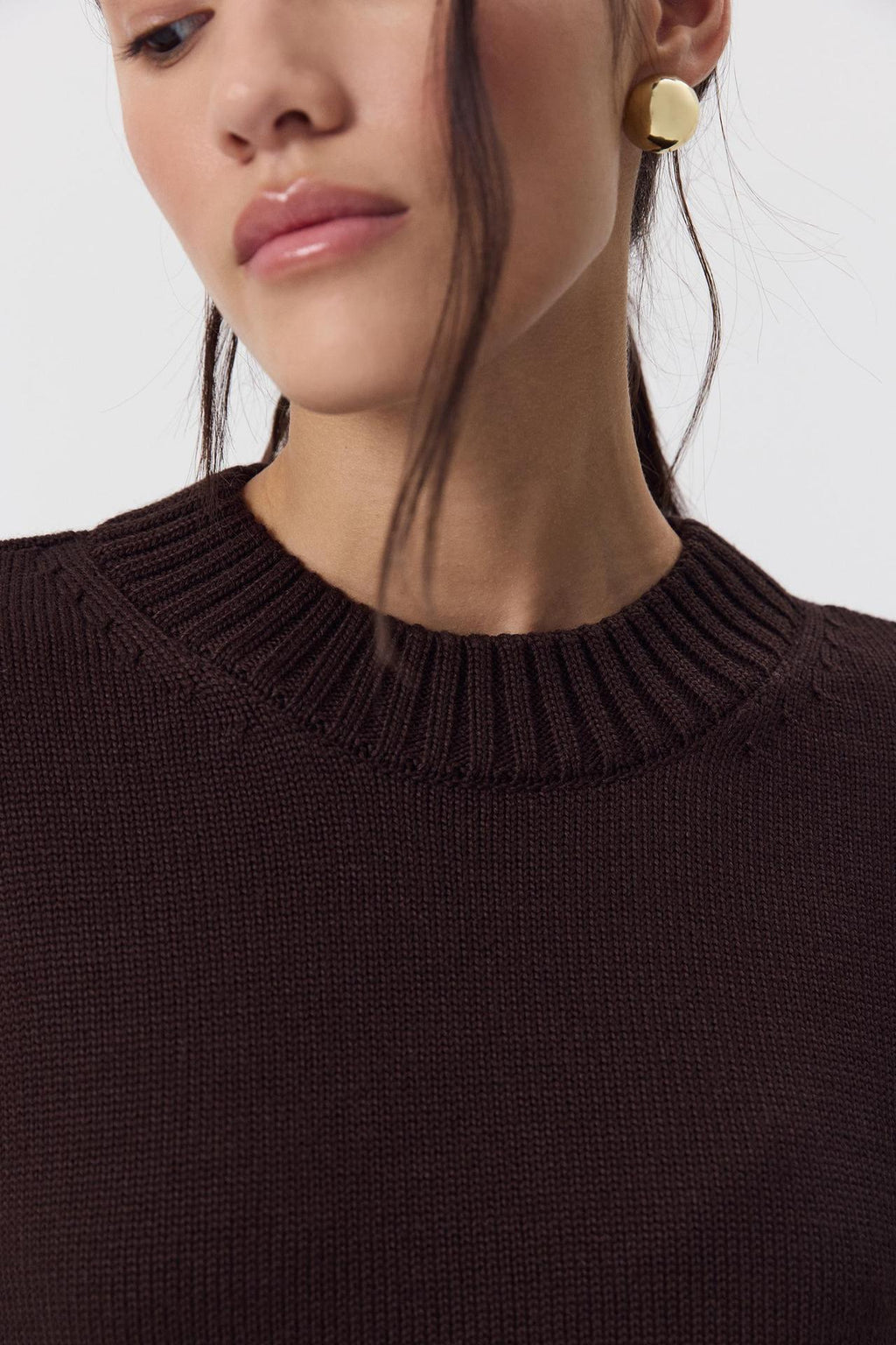 Relaxed Cotton Crew Neck Sweater with Ribbed Cuffs in Espresso — close-up of the ribbed neckline