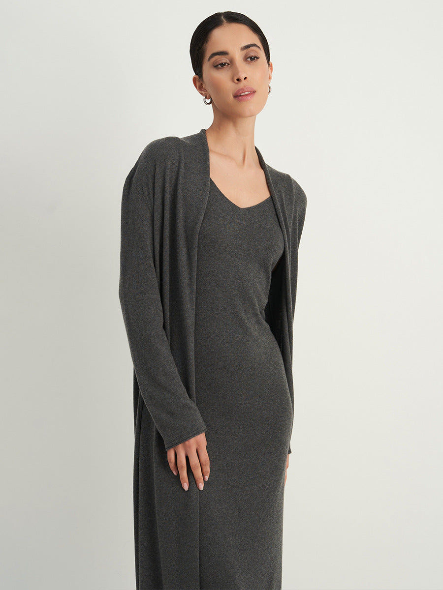 Long Belted Knit Cardigan & Maxi Slip Dress Set in Charcoal Gray — set worn on model, front view