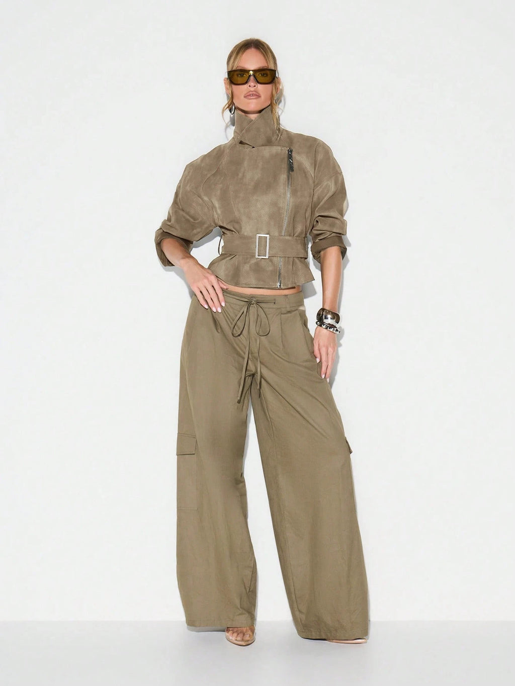 Belted Faux Suede Moto Jacket with Asymmetric Zip in Khaki — full-length view on model