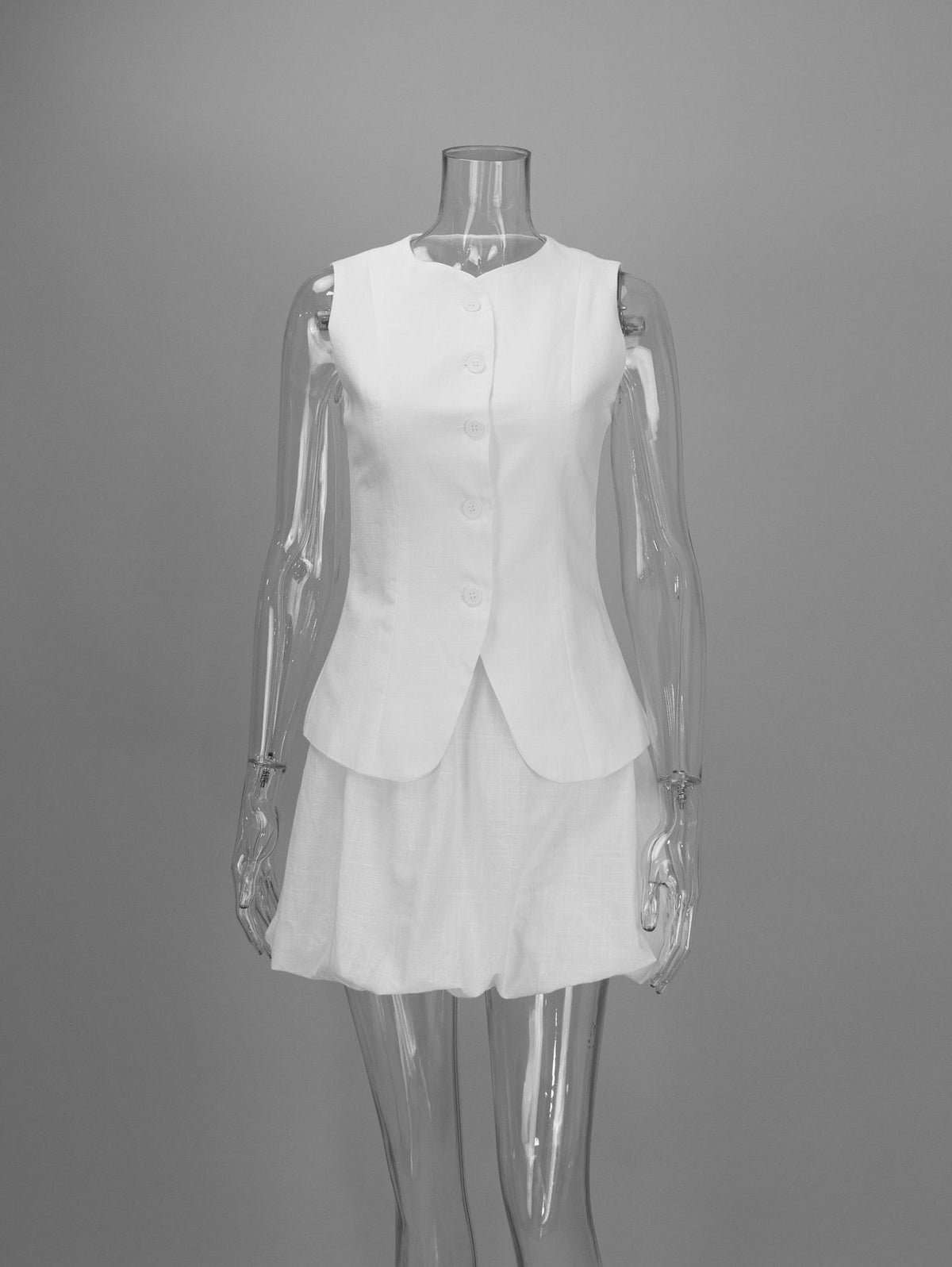 Cotton Peplum Vest & Bubble Mini Skirt Set in White — set on mannequin