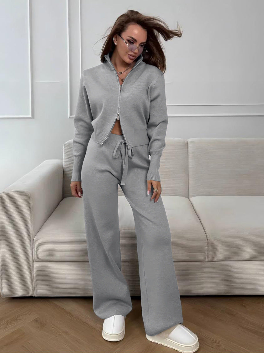 Knit Zip-Up Jacket & Wide-Leg Pants Two-Piece Set in Heather Gray — set worn on model, full length