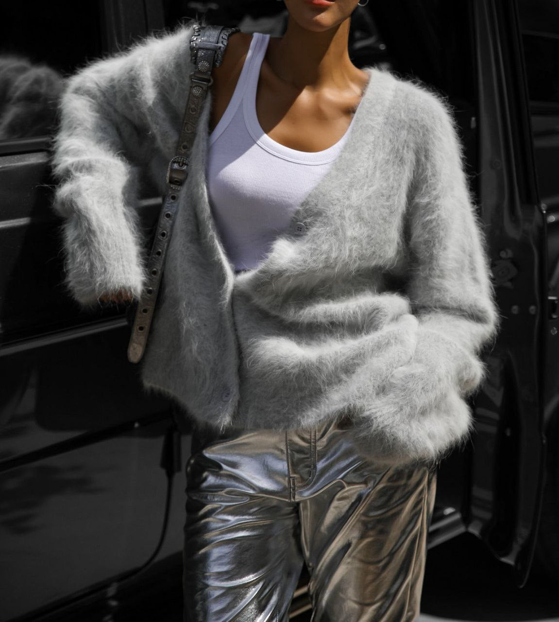 Fuzzy Knit Oversized V-Neck Cardigan in Light Gray — front view