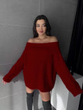 Oversized Fold-Over Off-Shoulder Sweater in Red — front view on model or garment