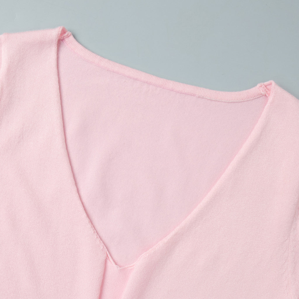 Rib-Knit V-Neck Maxi Dress with Side Slit in Soft Pink — close-up of the V-neck