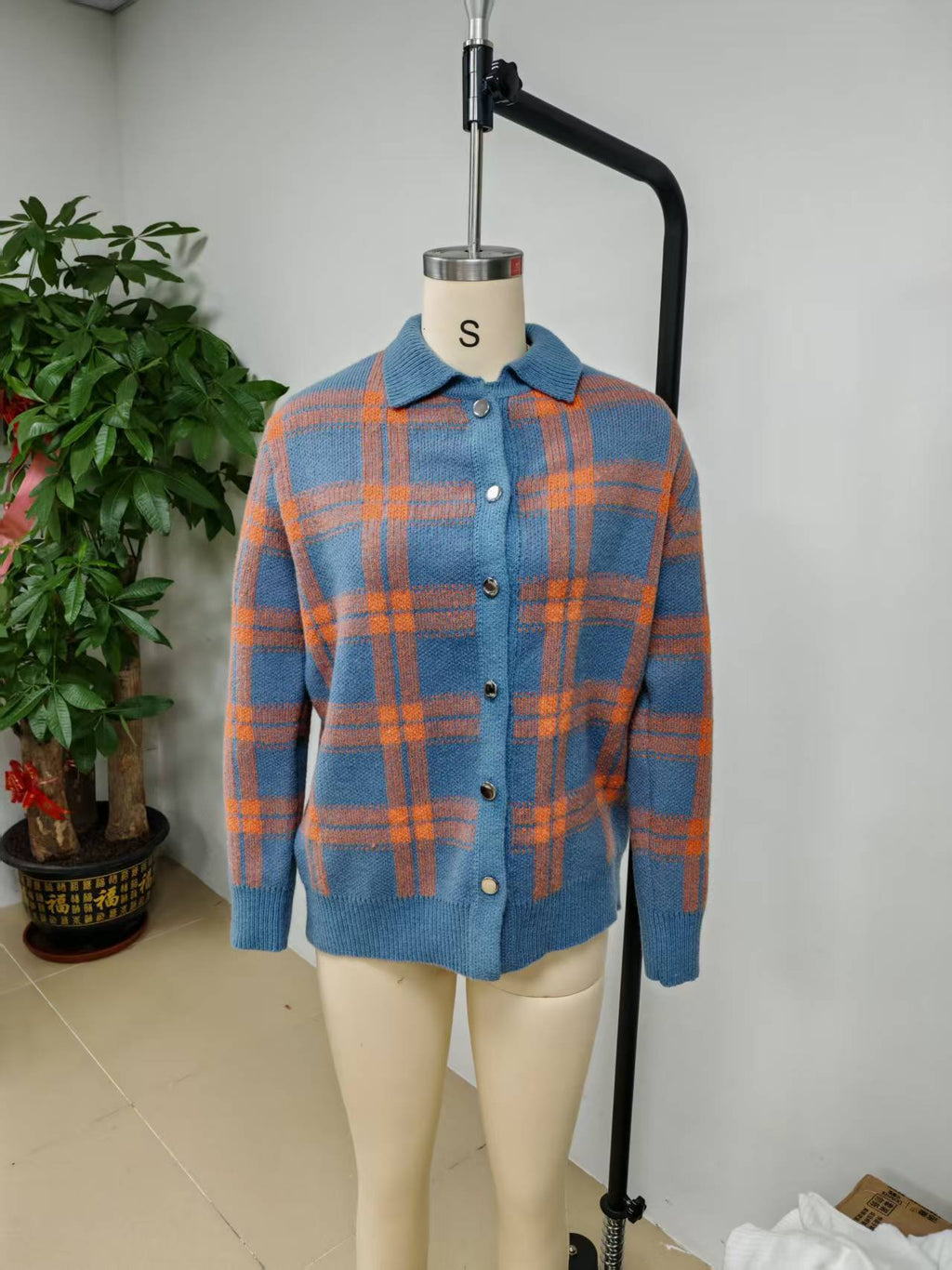 Plaid Knit Button-Front Shirt Cardigan in Blue Plaid — front view on a dress form