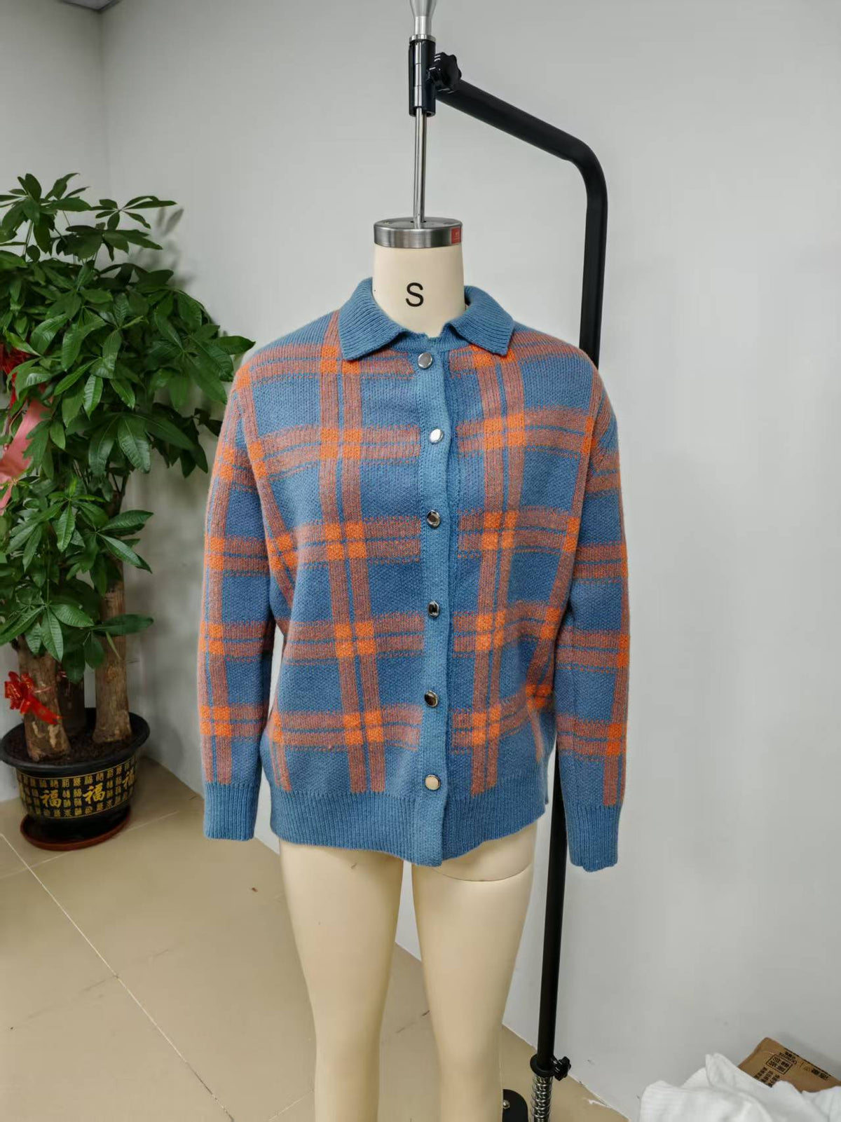 Plaid Knit Button-Front Shirt Cardigan in Blue Plaid — front view on a dress form