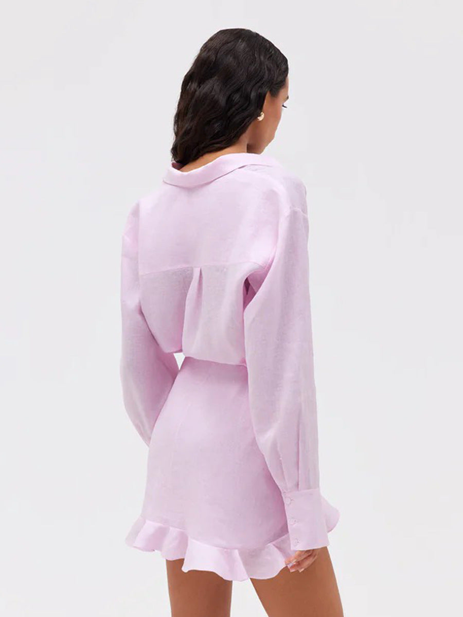 Tie-Front Cotton Mini Shirt Dress in Soft Pink — back view, studio