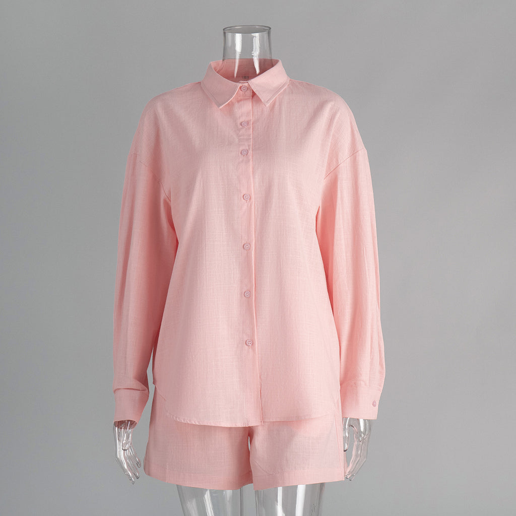 Oversized Cotton Shirt & Elastic-Waist Shorts Set in Soft Peach — set on mannequin