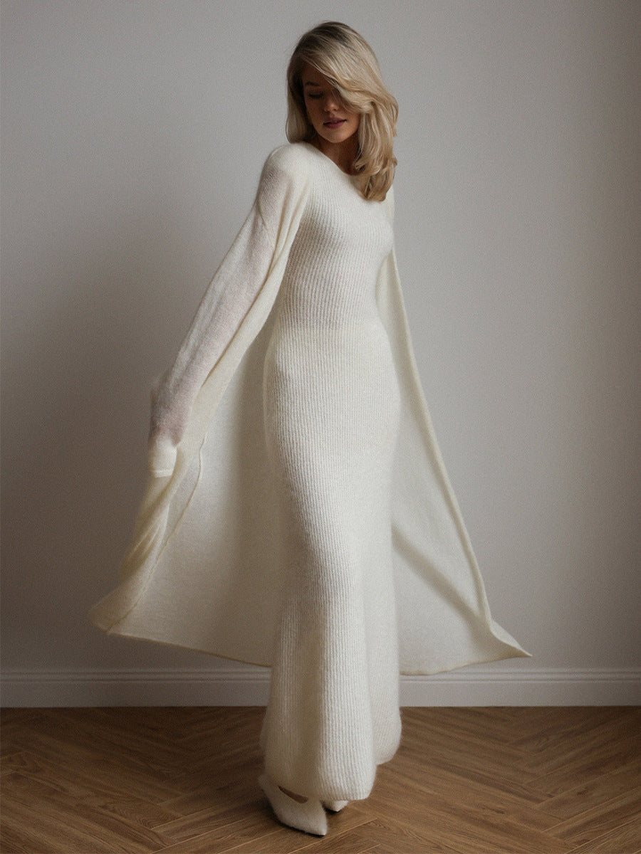 Airy Knit Long Cardigan & Sleeveless Maxi Dress Set in Ivory — walking view showing the long cardigan