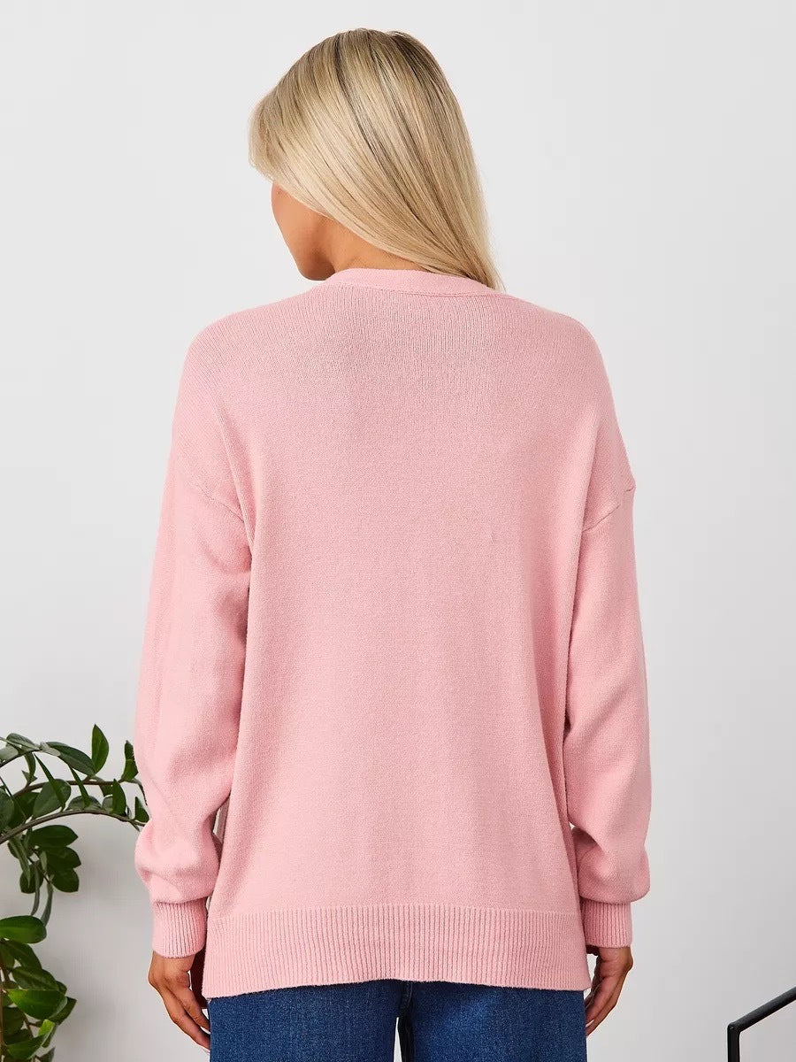 V-Neck Button Cardigan with Patch Pockets in Pink — back view on model