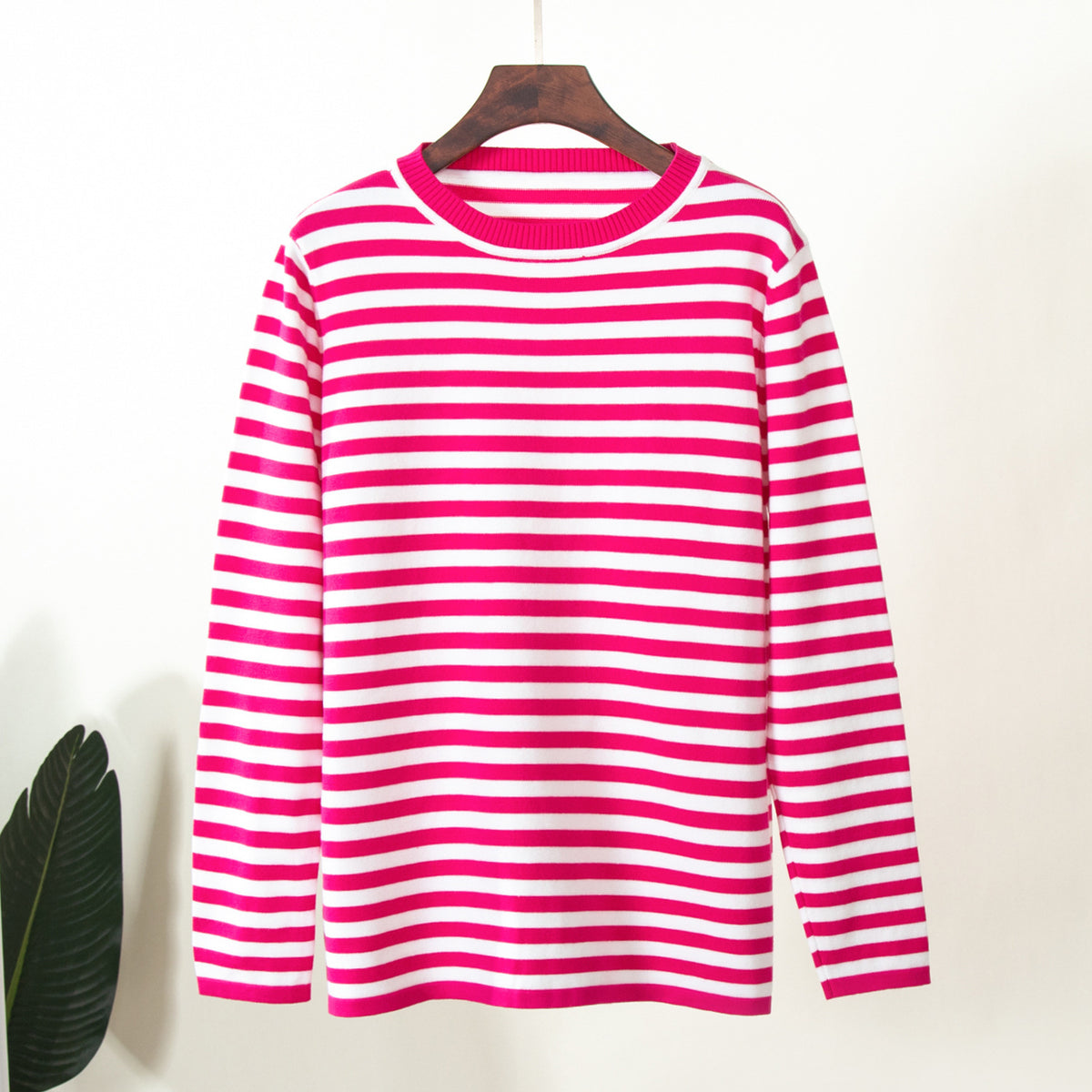 Relaxed Striped Crew Neck Sweater in Magenta Stripe — front view