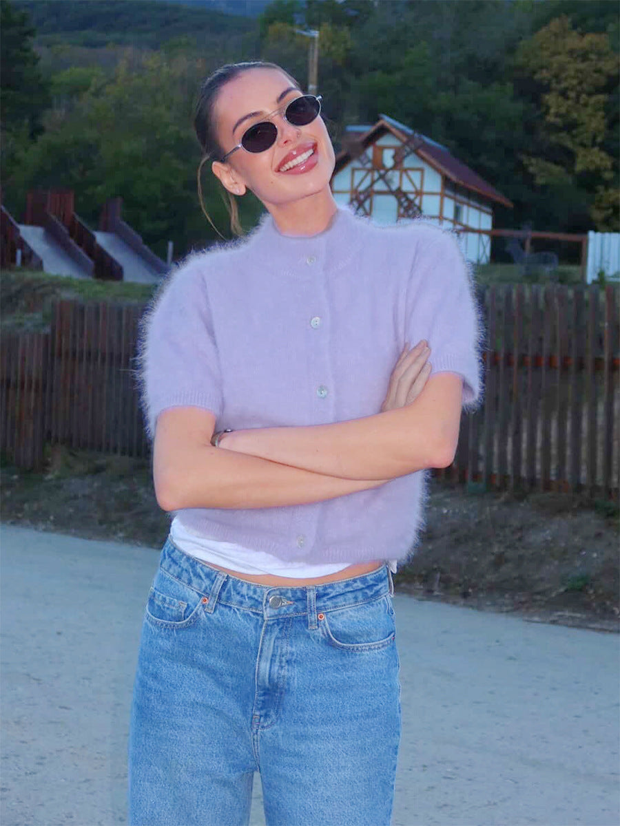 Fuzzy Knit Short Sleeve Cardigan with Mock Neck in Lavender — front view on model with jeans