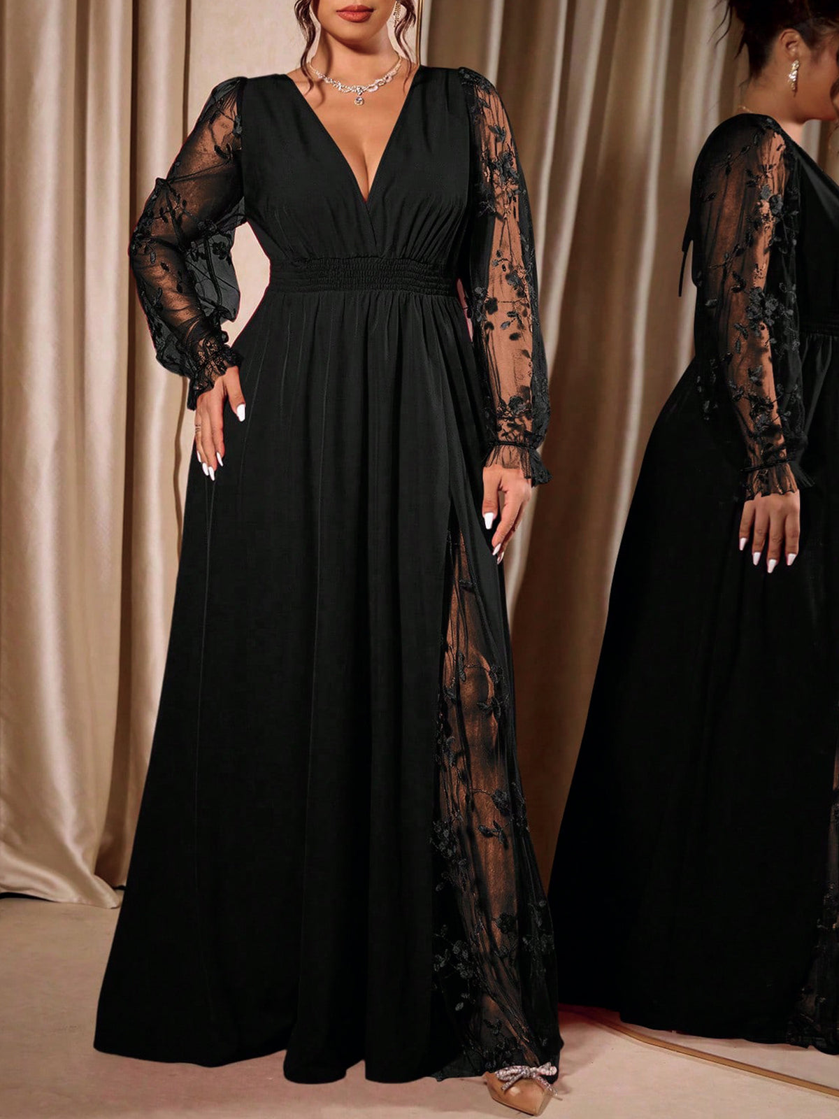 Plus-Size Lace-Sleeve V-Neck Maxi Gown with Slit in Black — close-up of the V-neck and lace sleeves