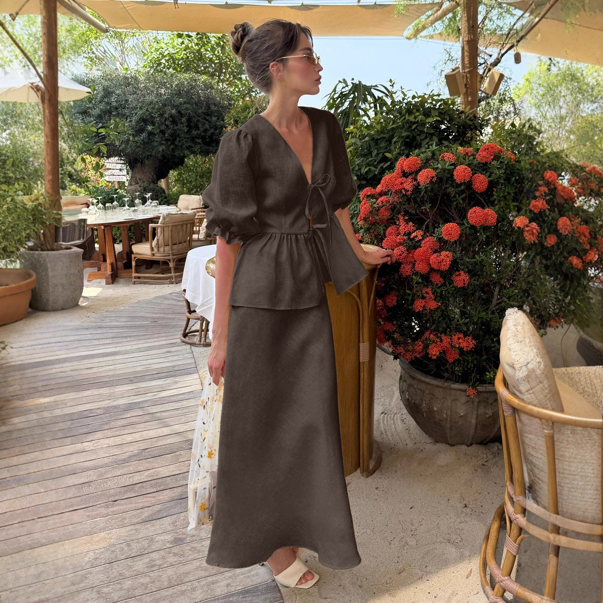Tie-Front Puff-Sleeve Top & Maxi Skirt Set in Cocoa — front view on model