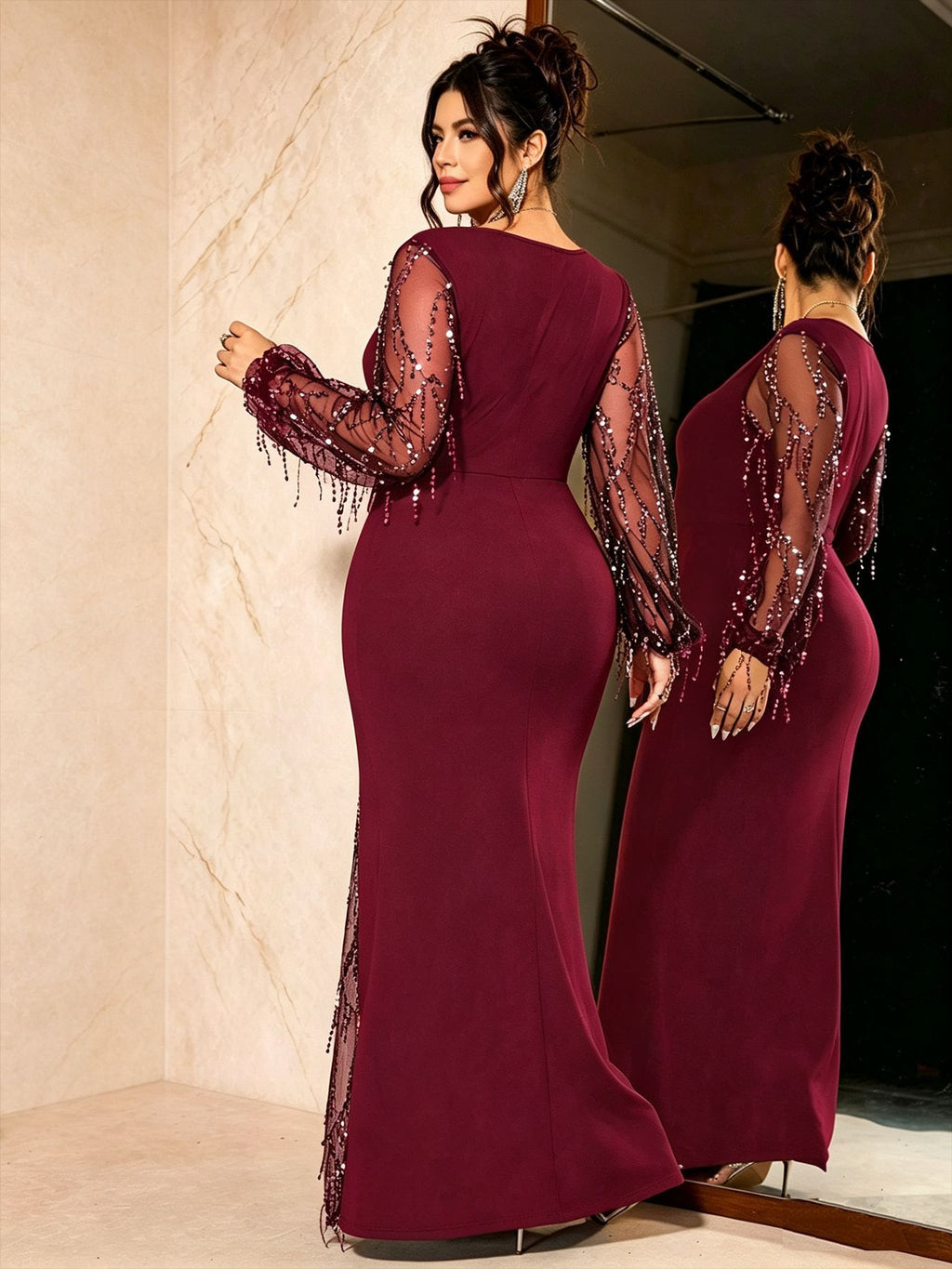 Plus-Size Mermaid Maxi Gown with Sequin-Fringe Mesh Sleeves in Burgundy — side view on model