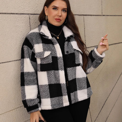 Plus-Size Buffalo Check Plush Shirt Jacket in Black & White Check — front view on model