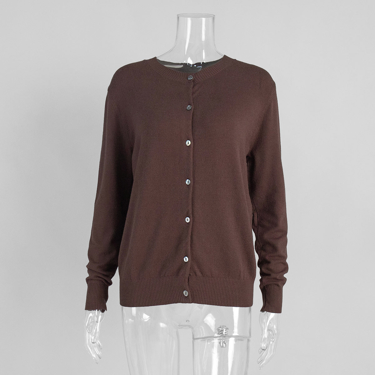 Sleeveless Turtleneck Knit Top & Cardigan Twin Set in Chocolate (Cardigan Only) — front view