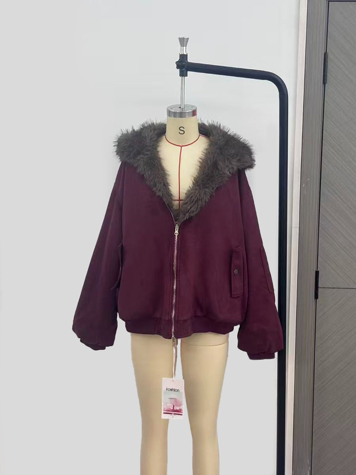Reversible Faux Fur Hooded Jacket with Suede-Look Shell in Burgundy — front view on a dress form
