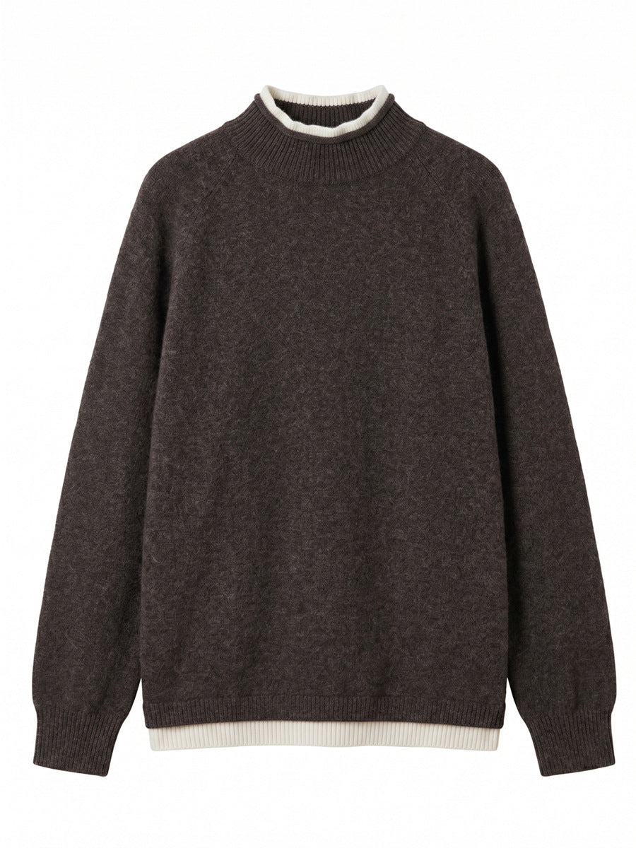 Oversized Wool-Blend Sweater & Wide-Leg Knit Pants Set with Contrast Trim in Espresso — sweater front view