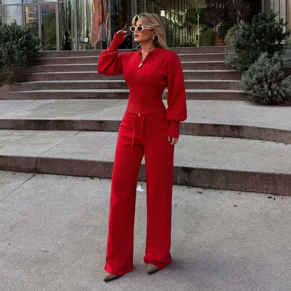 Zip-Front Balloon-Sleeve Knit Top & Drawstring Wide-Leg Pants Set in Red — full-length view on model