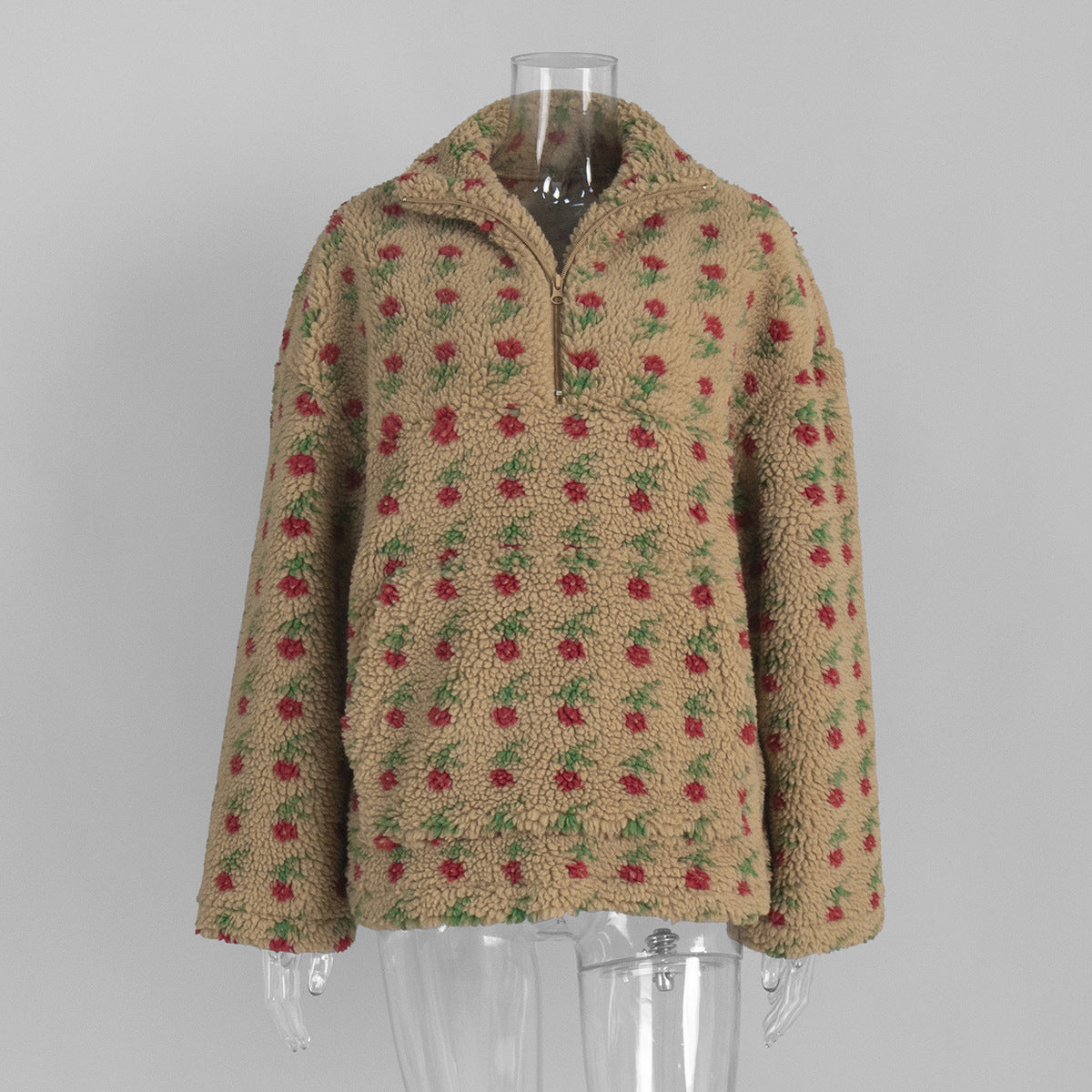 Floral Fleece Half-Zip Pullover Sweatshirt in Khaki Ditsy Floral — front view